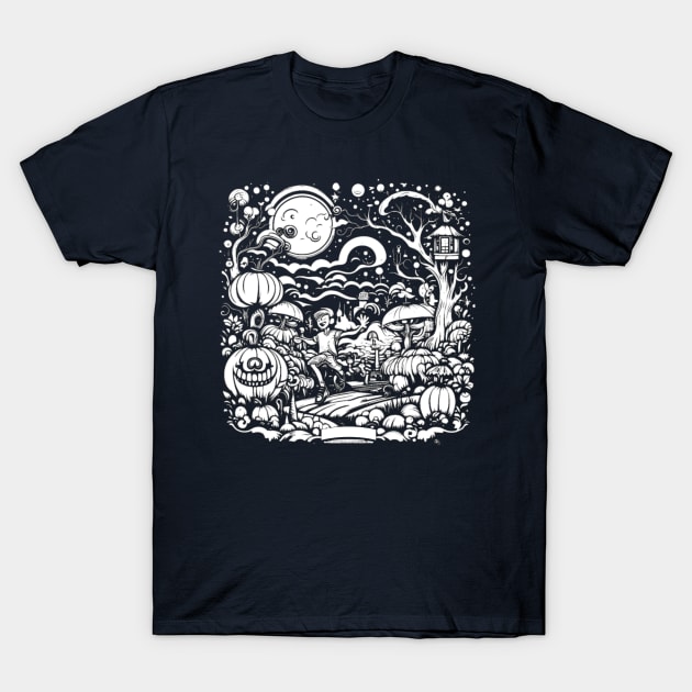 White Night of Trippy Dreamscape Pumpkin Forest, Halloween T-Shirt by vystudio